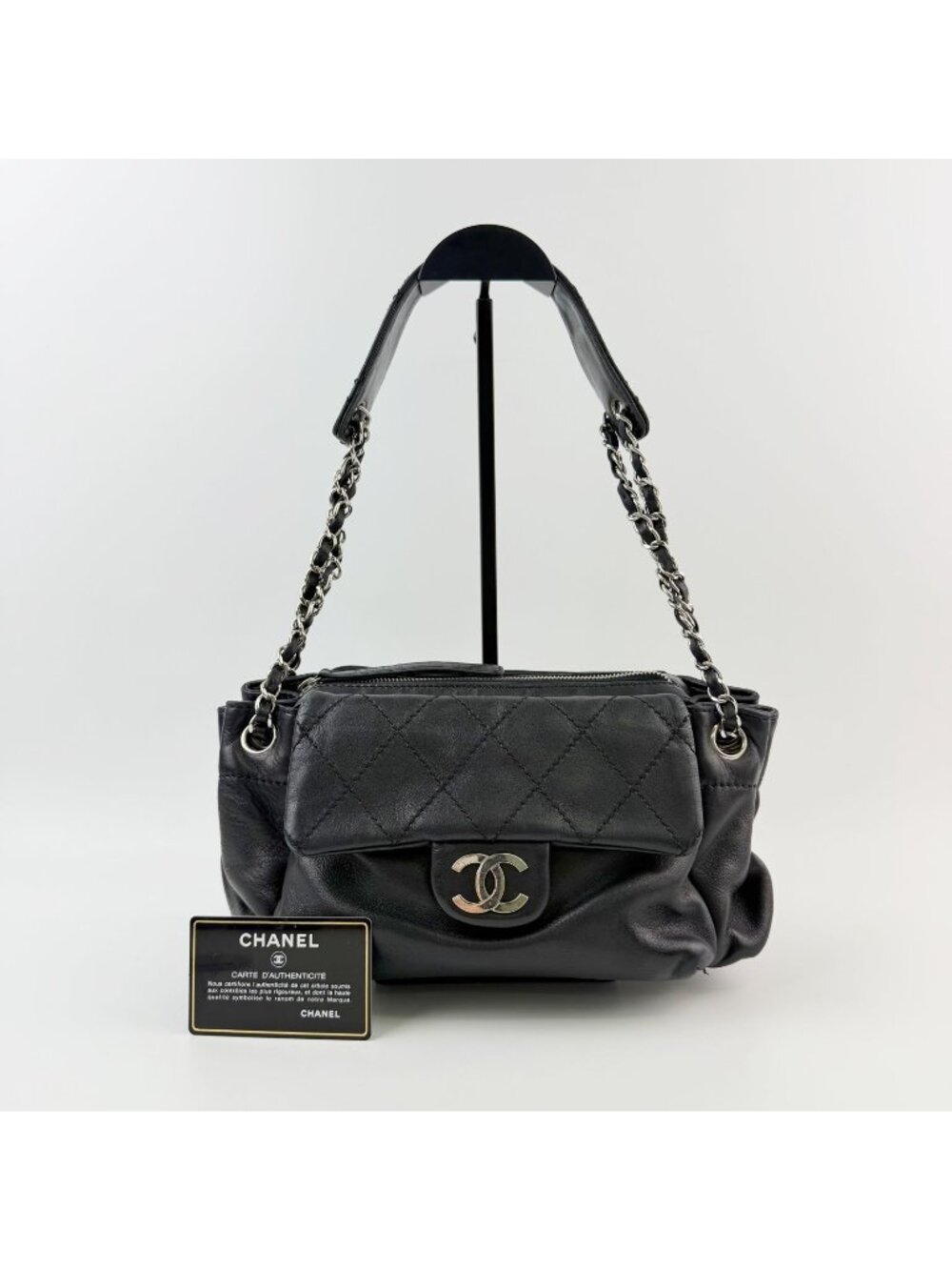 Chanel Quilted CC Logo Gathered Chain Shoulder Bag Leather Black Silver Seal